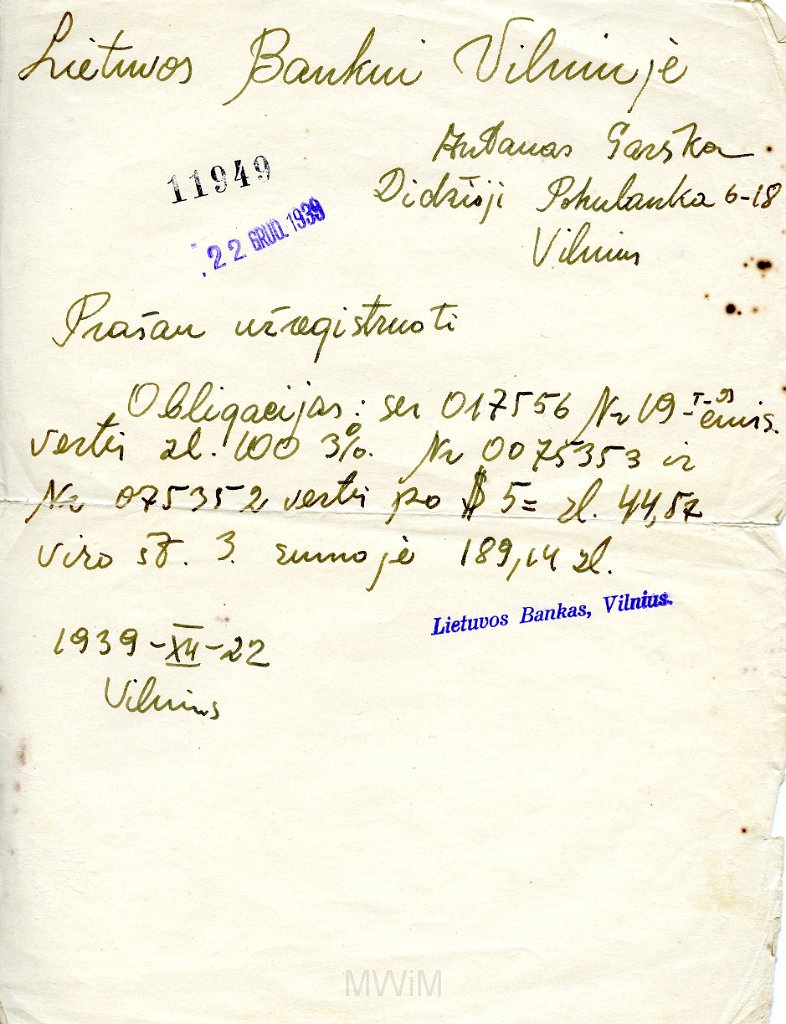 KKE 5725.jpg - (litewski) Dok. Kwit potwierdzający wpłatę do Banku Litewskiego obligacji Antoniego Graszko na sume 189 litów i 14 centów, Wilno, 22 XII 1939 r.